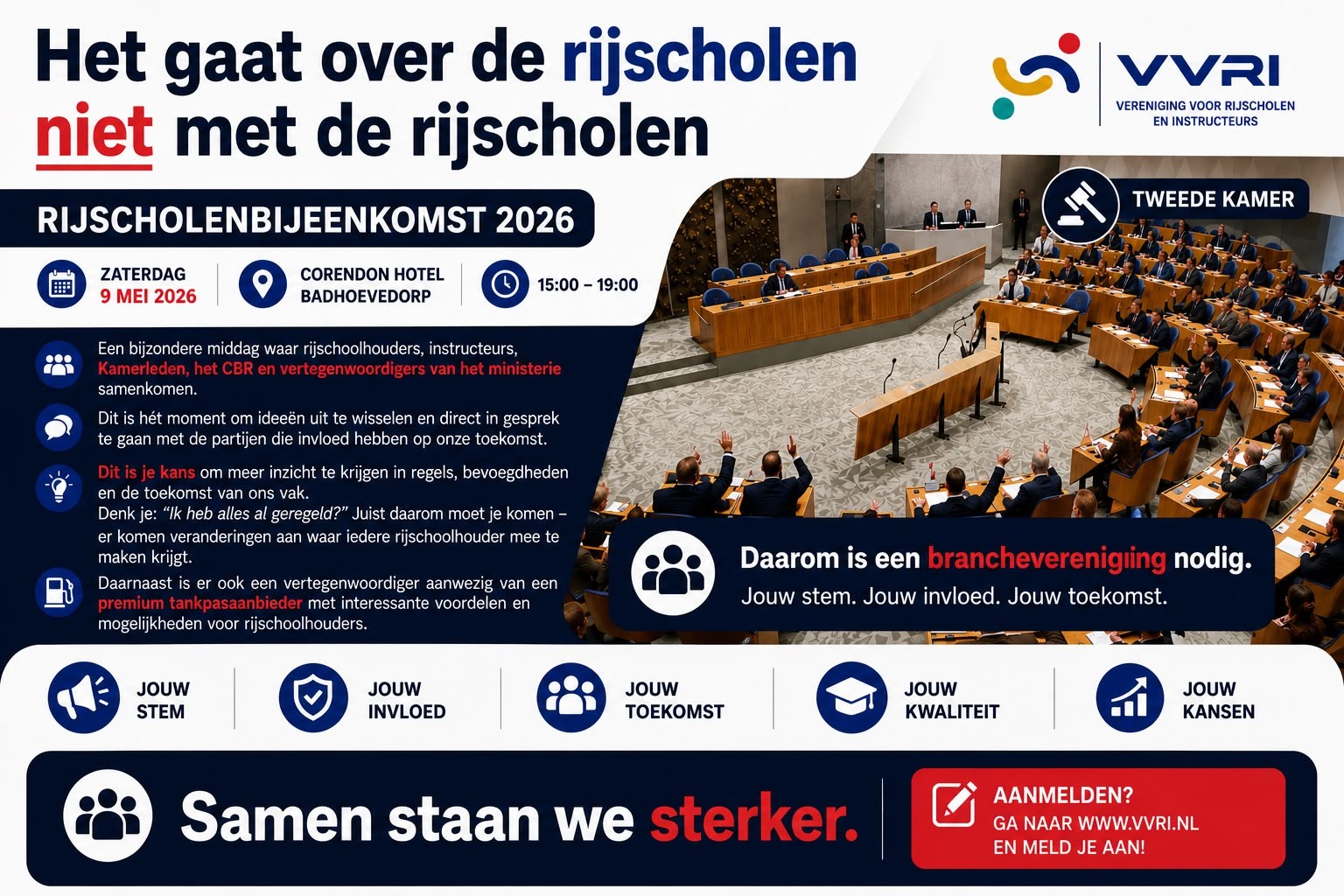 Aankondiging Rijscholenbijeenkomst 2026 op zaterdag 9 mei 2026 in Corendon Hotel Badhoevedorp, 15:00 tot 19:00