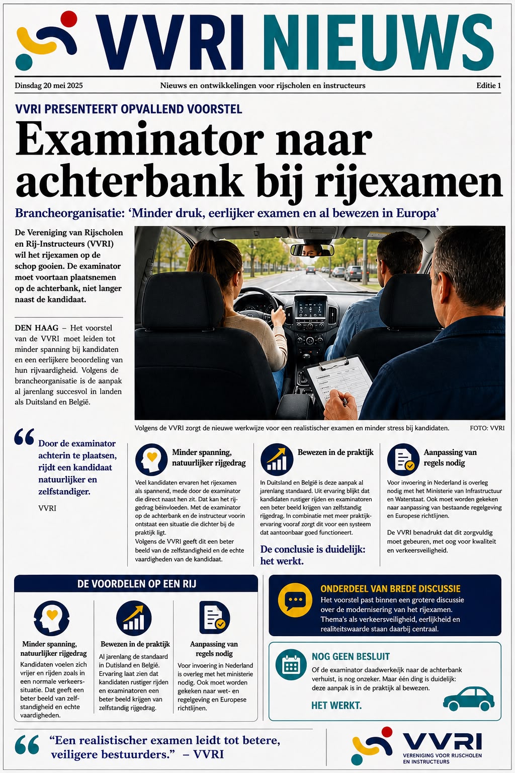VVRI Nieuws, editie 1 van 20 mei 2025: Examinator naar achterbank bij rijexamen