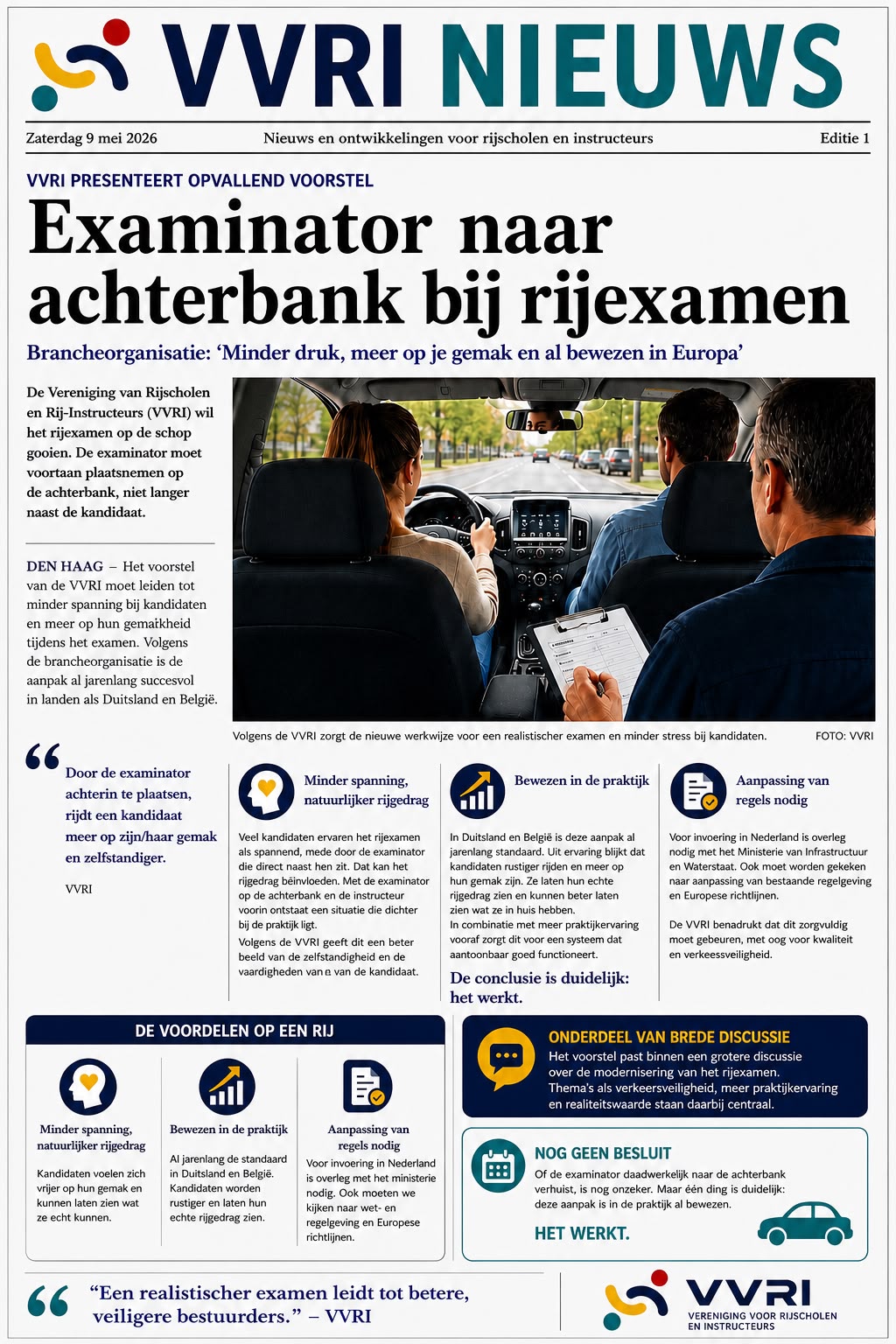 VVRI Nieuws, editie 1 van 9 mei 2026: Examinator naar achterbank bij rijexamen